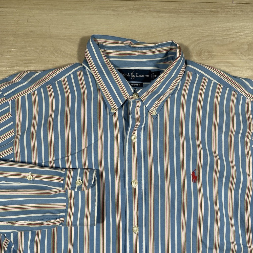 Polo Ralph Lauren Men's Dress Shirt XL 17 Blue Multi Stripe Classic Fit LS Boat